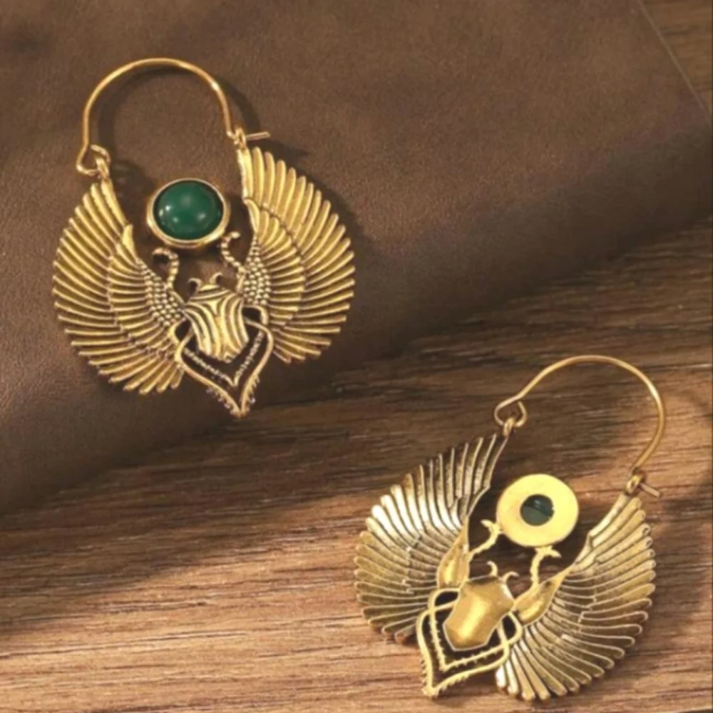 GREEN ONYX BRASS SCARAB EARRINGS - EGYPTIAN RALISMAN INSECT JEWELRY - Picture 4 of 4